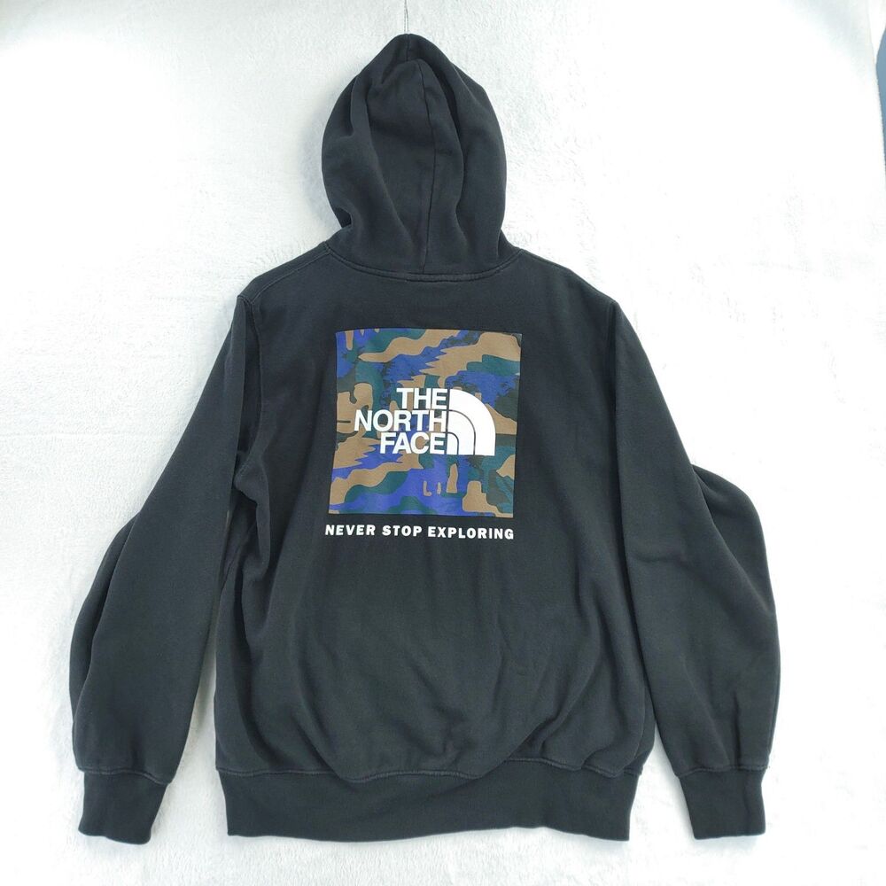 The North Face Hoodie Mens Large Black Camo Box Logo Back Graphic Pullover A7ZWH